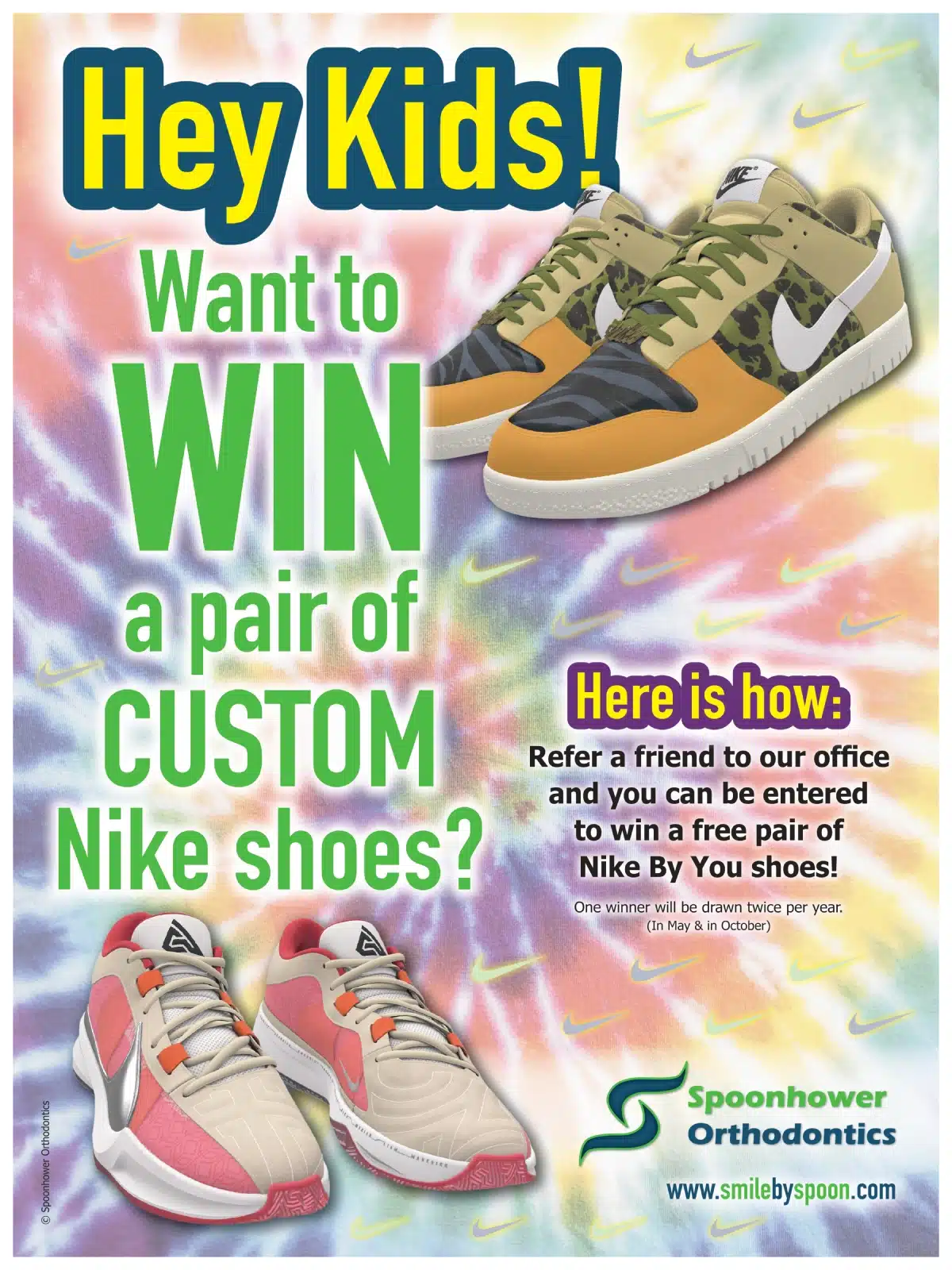 Colorful custom Nike shoes advertisement promoting contest for kids at Spoonhower Orthodontics office.